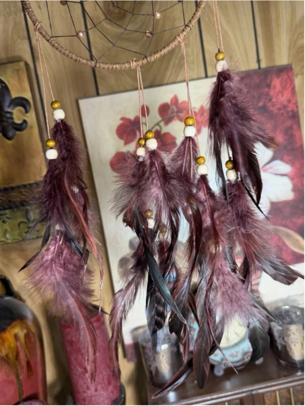 Dream Catcher Wall Hanging 6.5 In Hoop 23 in Long Feathers Beads Boho Decor New